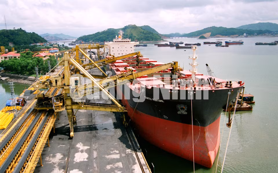 Rót than xuống tàu biển xuất khẩu. Ảnh tư liệu của Công ty Tuyển than Cửa Ông