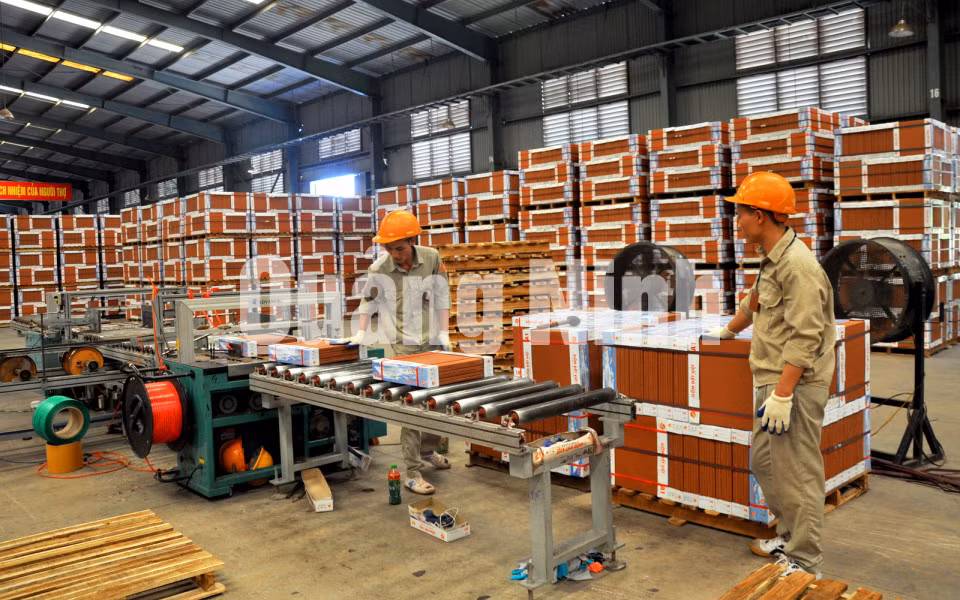 Đóng gói sản phẩm gạch lát nền tại Công ty CP Gốm Đất Việt, TX Đông Triều (7-2016). Ảnh: Minh Hà