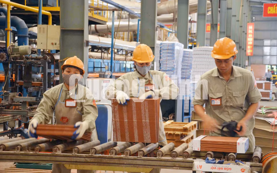 Công nhân Công ty CP Gốm Đất Việt đóng gói sản phẩm gạch (12-2013). Ảnh: Thu Nguyên