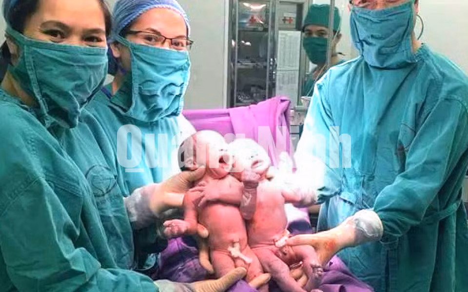 2 bé trai sinh đôi đầu tiên ra đời nhờ thụ tinh ống nghiệm IVF tại Bệnh viện Sản Nhi Quảng Ninh (24-2-2018). Ảnh do Bệnh viện cung cấp