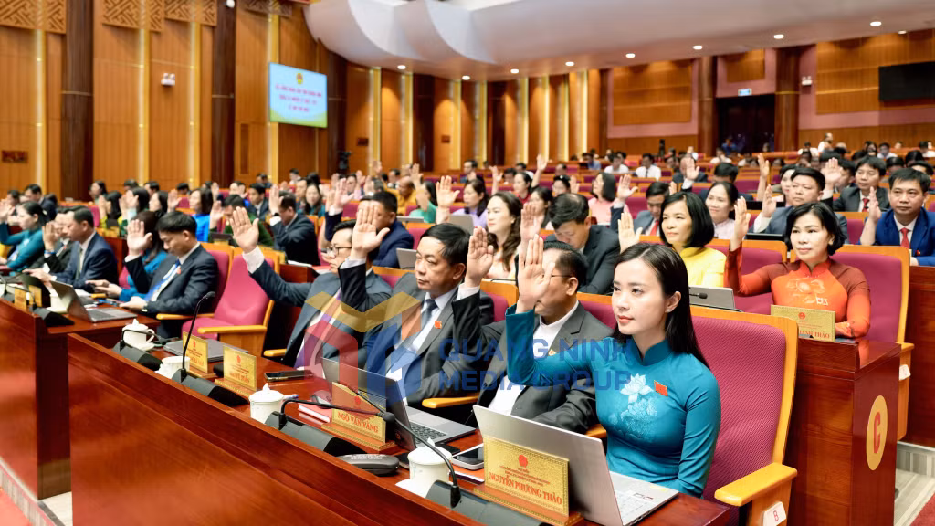 Các đại biểu biểu quyết thông qua Nghị quyết tại kỳ họp thứ nhất, HĐND tỉnh khoá XV (4-2026). Ảnh: Đỗ Phương