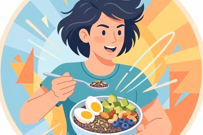 Bữa sáng thiếu protein có thể ảnh hưởng đến năng lượng cả ngày. Đồ họa: Thiện Nhân