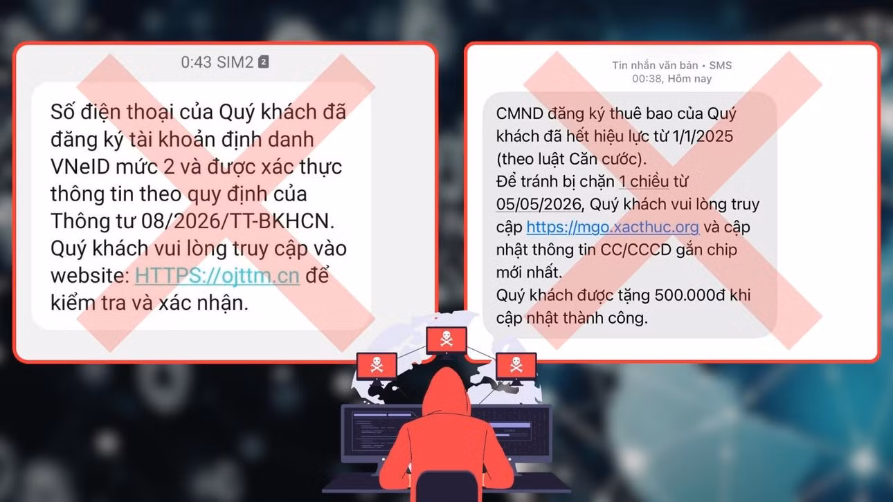 Hiện nay, xuất hiện nhiều tin nhắn giả mạo yêu cầu xác thực thông tin thuê bao. Đồ họa: Hạo Thiên