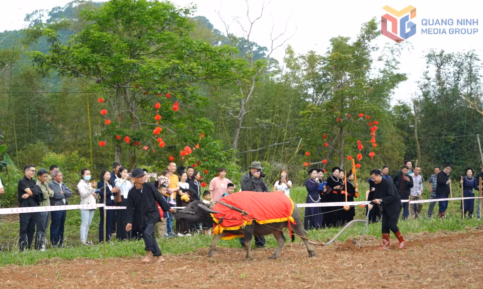Tái hiện lễ Lồng Tồng (xuống đồng) để cầu cho mùa màng bội thu của đồng bào Tày tại Lễ hội đình Đồng Đình được du khách thích thú theo dõi. Ảnh: Minh Thương