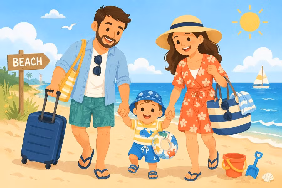 Để con có một chuyến biển trọn vẹn, ba mẹ nên có sự chuẩn bị kỹ càng. Đồ họa: Thùy Linh