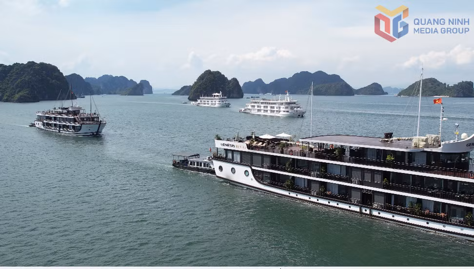Tàu nghỉ đêm của 2 địa phương chở du khách tham quan trên vùng biển giáp ranh giữa Quảng Ninh và Hải Phòng tại khu vực đảo Lờm Bò.