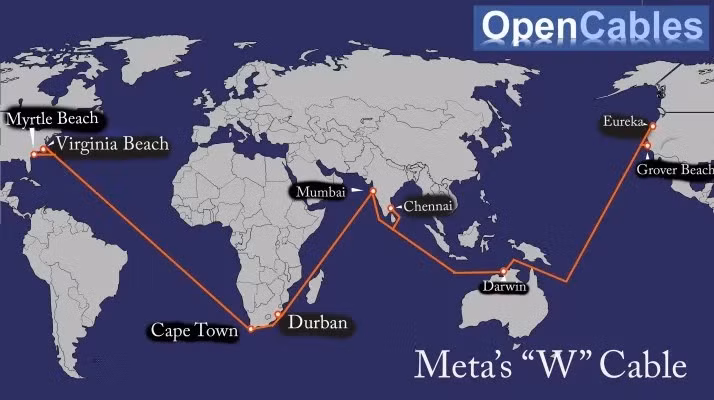 Hình dung về tuyến cáp quang biển chữ W của Meta. Ảnh: TechCrunch