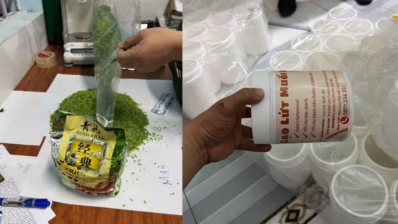 Đối tượng ngụy trang để ma túy trong gói trà và hộp có chữ gạo lứt.