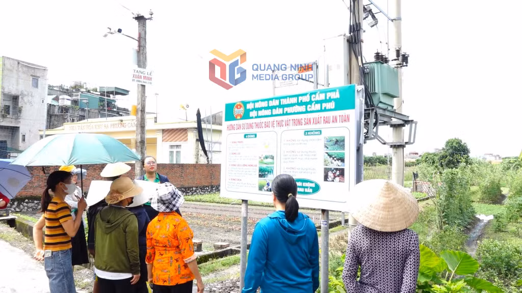 HND phường Cẩm Phú (này là phường Cửa Ông) lắp đặt pano hướng dẫn hội viên sử dụng thuốc bảo vệ thực vật. Ảnh: Nguyên Ngọc