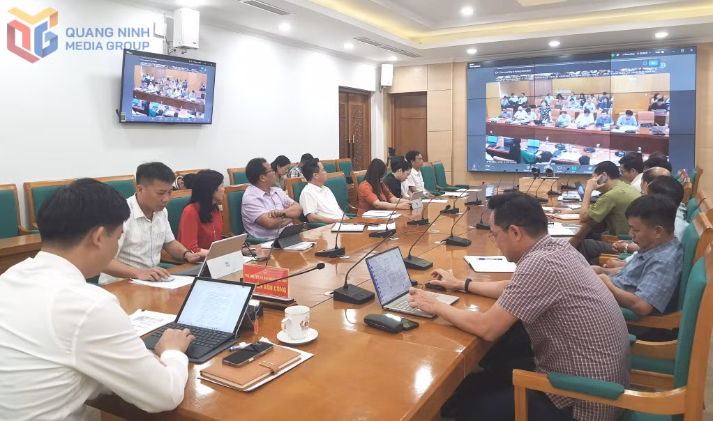 Đại biểu dự hội nghị trực tuyến tại điểm cầu UBND tỉnh.