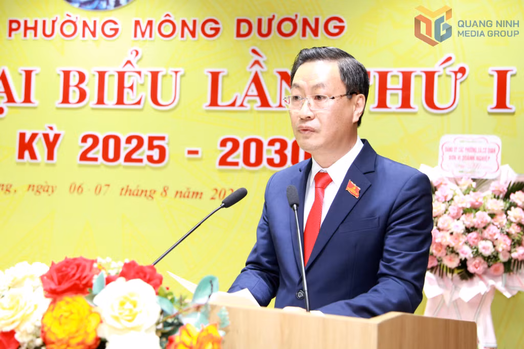 Đồng chí Trần Hoàng Hải, Bí thư Đảng ủy phường Mông Dương, phát biểu tại Đại hội.