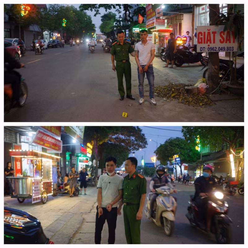 Dẫn giải Dương Văn Tiến và Phạm Quang Huy đến hiện trường gây ra vụ cướp giật tài sản. Ảnh: Công an cung cấp