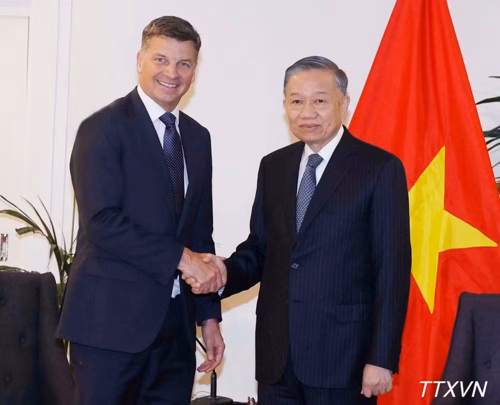 Tổng Bí thư, Chủ tịch nước Tô Lâm tiếp ông Angus Taylor, Lãnh đạo Liên đảng đối lập, Chủ tịch Đảng Tự do Australia. (Ảnh: TTXVN)
