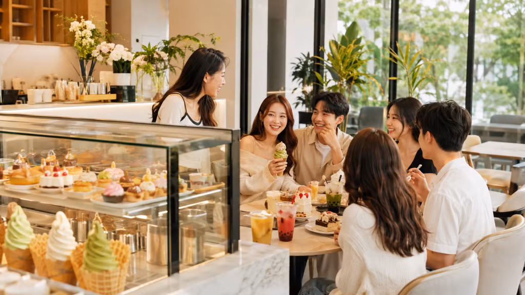 Không gian dessert café hiện đại thu hút thực khách nhờ thực đơn đồ tráng miệng đa dạng.
