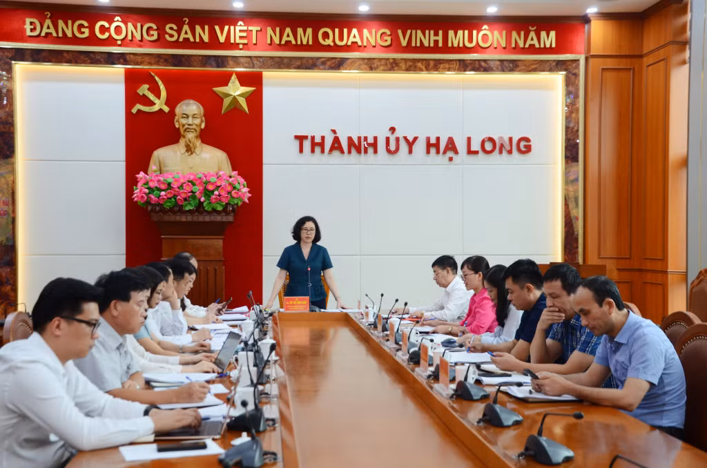 Đồng chí Vũ Thị Mai Anh, Phó Bí thư Thường trực Thành ủy, Chủ tịch HĐND thành phố, Trưởng Ban Chỉ đạo phát biểu tại cuộc họp.