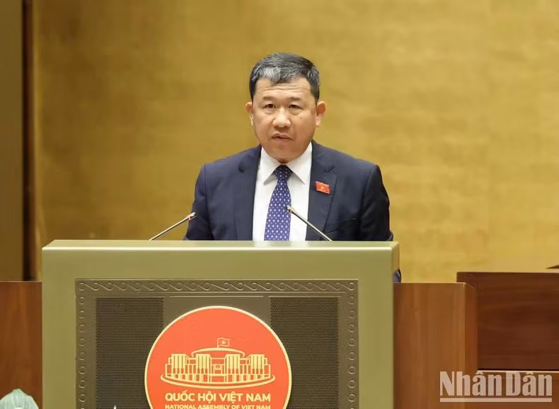 Chủ nhiệm Ủy ban Đối ngoại của Quốc hội Vũ Hải Hà báo cáo thẩm tra tờ trình. (Ảnh: DUY LINH)