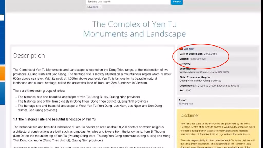 Hồ sơ Yên Tử trên trang của UNESCO năm 2014.