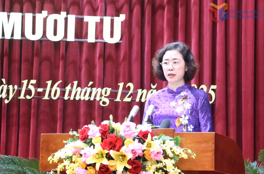Bà Vũ Thị Mai Anh, Giám đốc Sở Nội vụ, trình bày một số tờ trình dự thảo nghị quyết về một số chính sách trên địa bàn tỉnh.