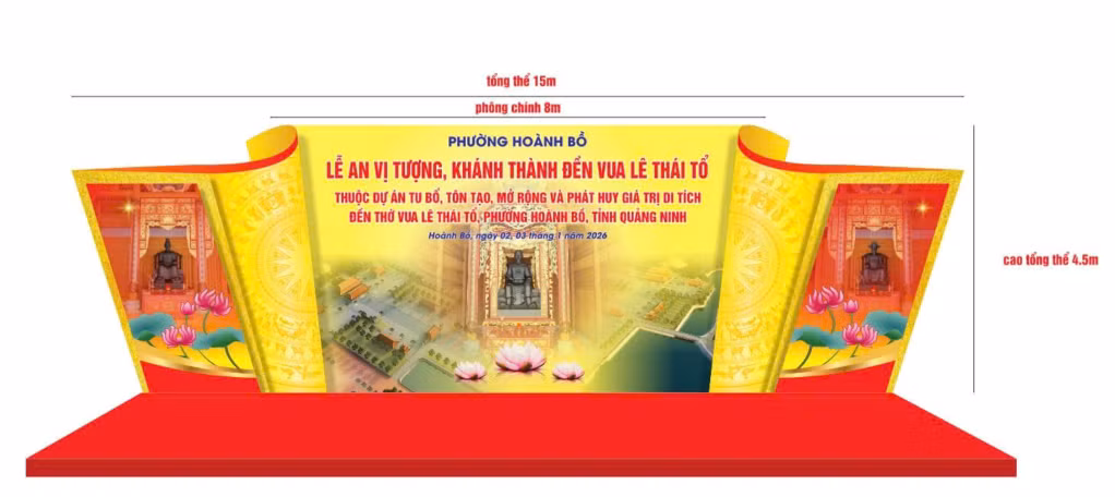Phối cảnh sân khấu lễ an vị tượng, khánh thành Đền Vua Lê Thái Tổ diễn ra vào ngày 3/1 tới.