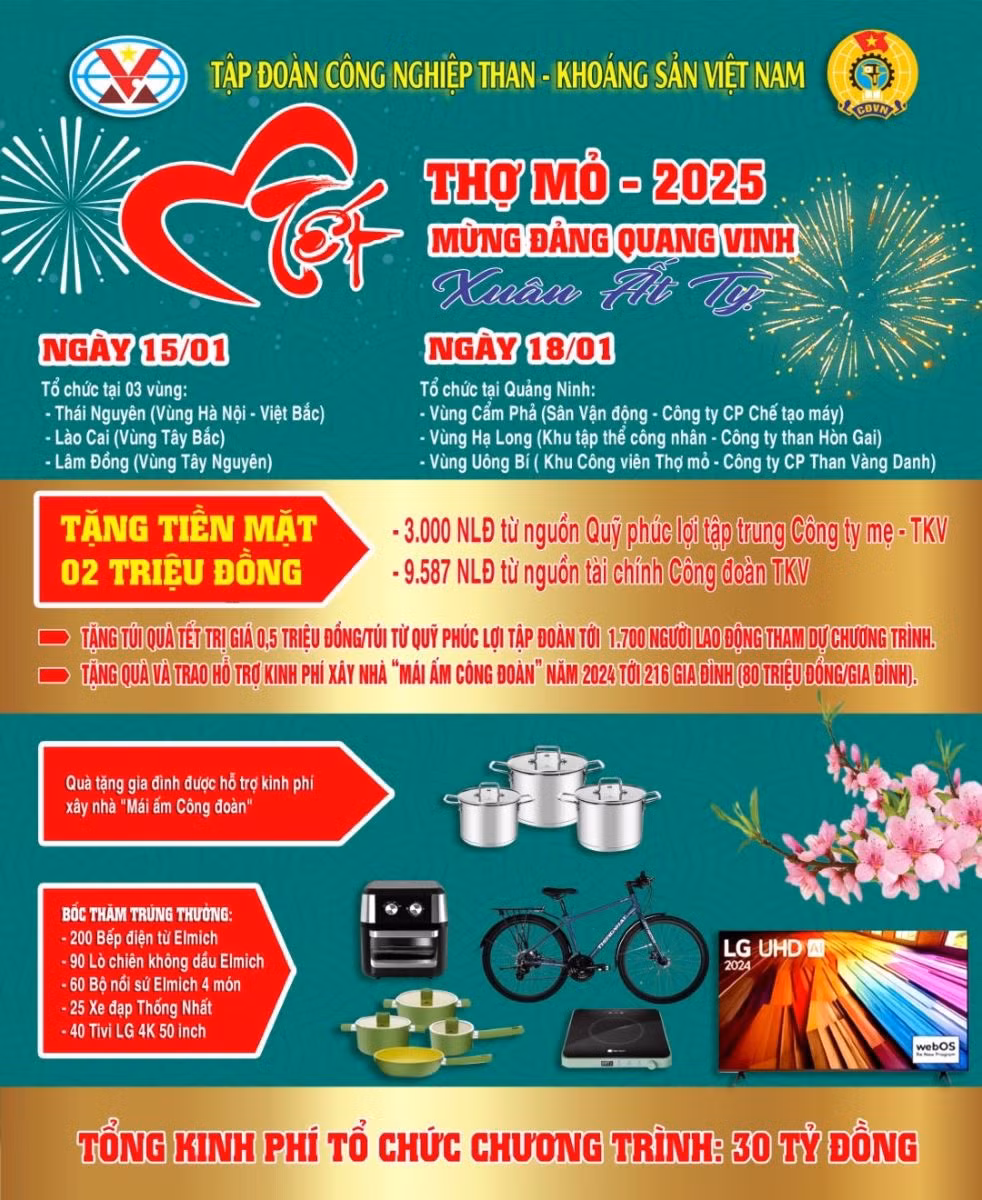 Chương trình Tết thợ mỏ của TKV sẽ tổ chức tại 3 vùng.