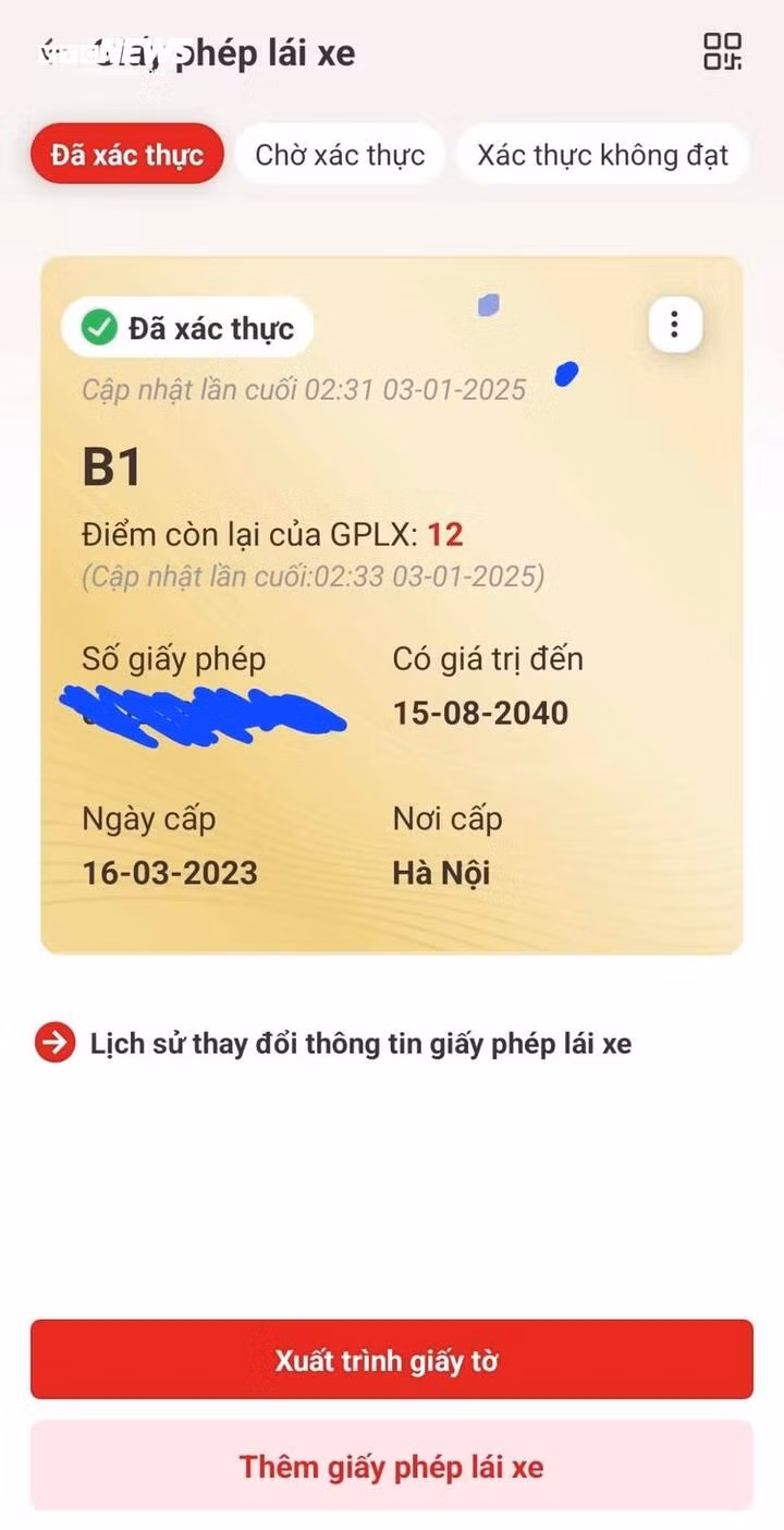 Thông tin bằng lái xe đã được xác thực trên VNeID.
