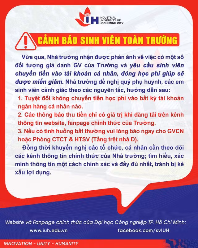 Cảnh báo của Tường Đại học Công nghiệp TP.HCM.