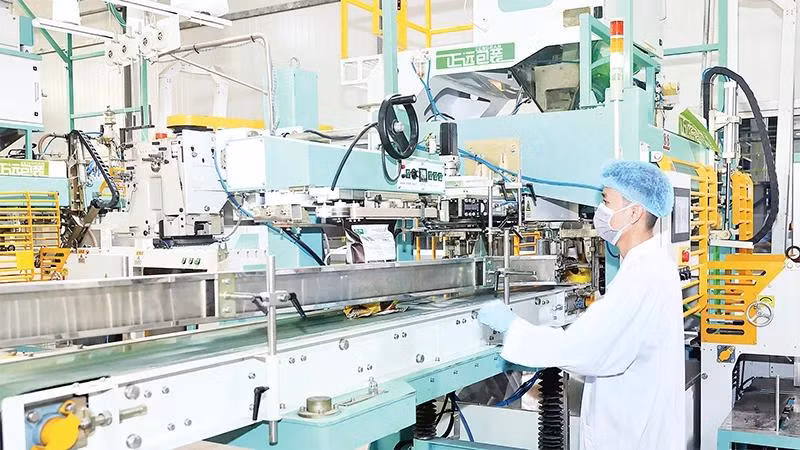 Dây chuyền đóng gói gạo xuất khẩu của Công ty TNHH Lúa gạo Việt Nam (tỉnh Ðồng Tháp). (Ảnh NHẬT BẮC)