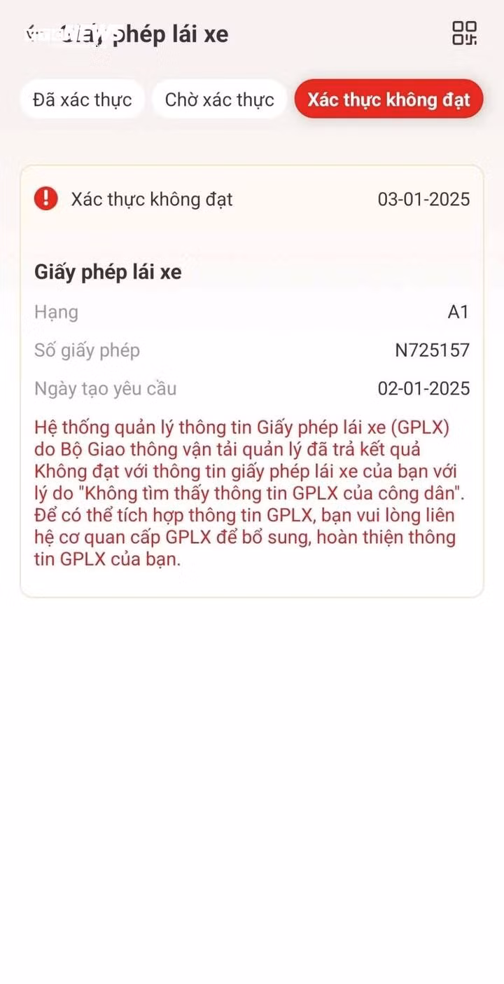 VNeID trả kết quả không đạt.