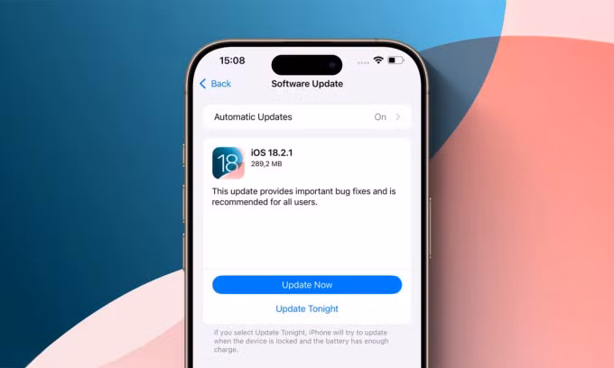 iOS 18.2.1 có dung lượng 289,2 MB trên iPhone 16 Pro Max. Ảnh: Macrumors