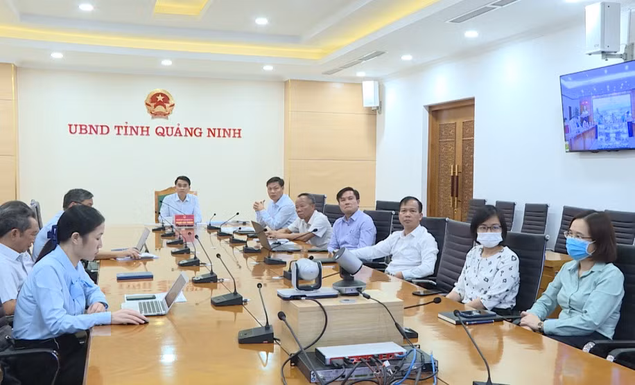 Đồng chí Phạm Văn Thành, Phó Chủ tịch UBND tỉnh và đại diện các sở, ngành dự hội nghị trực tuyến tại điểm cầu Quảng Ninh.