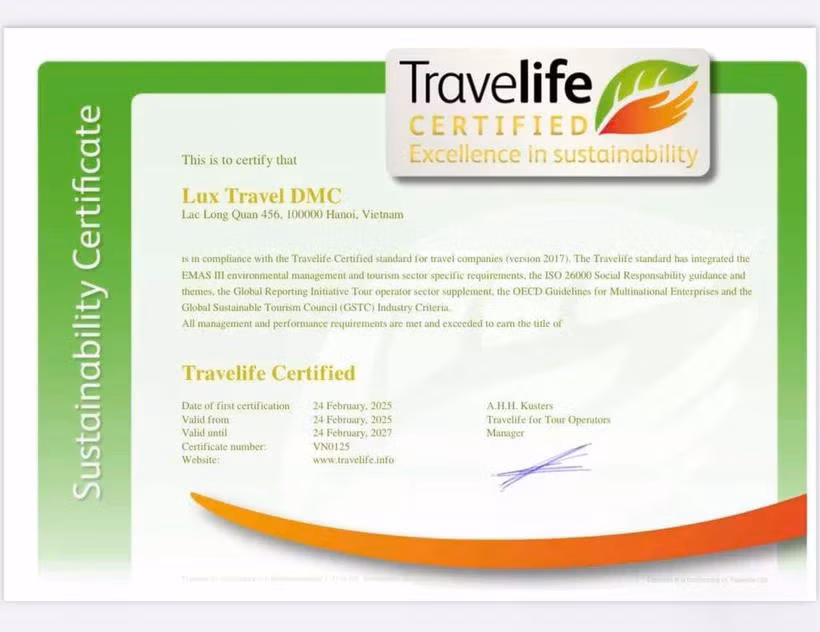 Chứng nhận của Travelife dành cho đại diện Việt Nam năm 2025. (Ảnh: BTC)