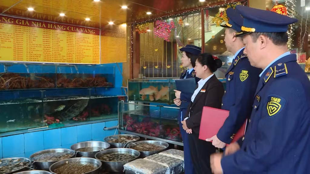 Đội QLTT số 5 (Cục QLTT tỉnh) kiểm tra việc niêm yết giá cả tại một cơ sở kinh doanh dịch vụ ăn uống trên địa bàn TP Hạ Long.