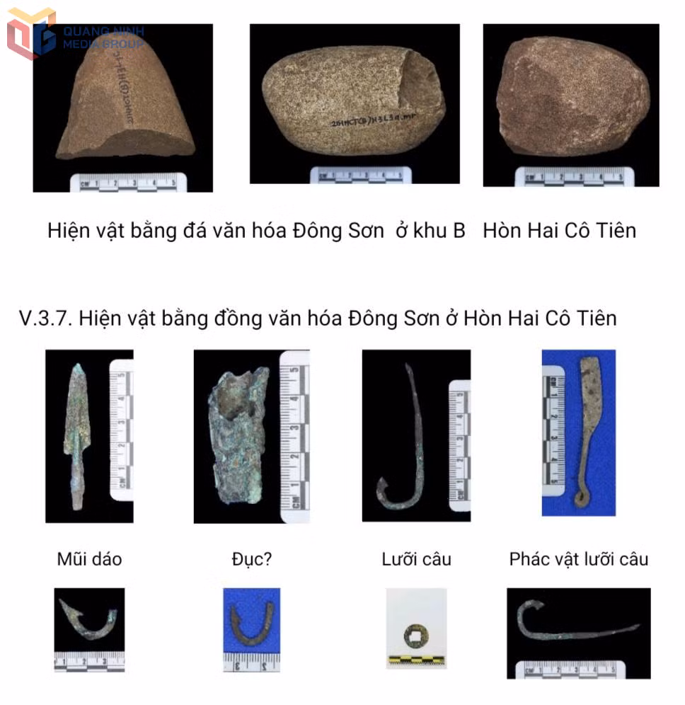 Hiện vật tìm được khi khai quật khảo cổ học tại di tích Hòn Hai Cô Tiên, phường Bạch Đằng.