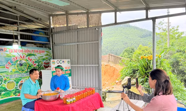 Hội nông dân xã Đông Ngũ hỗ trợ hội viên livestream bán hàng qua mạng xã hội.