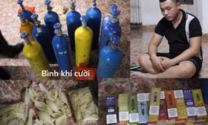 Kiểm tra nhà trọ, phát hiện 12 bình khí bóng cười và nhiều dao