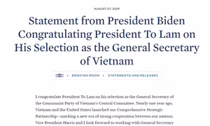 Tổng thống Hoa Kỳ Joe Biden chúc mừng Tổng Bí thư, Chủ tịch nước Tô Lâm