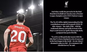 Liverpool treo vĩnh viễn áo số 20 của Diogo Jota