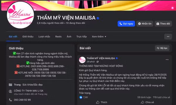 Thẩm mỹ viện Mailisa thông báo tạm ngừng hoạt động