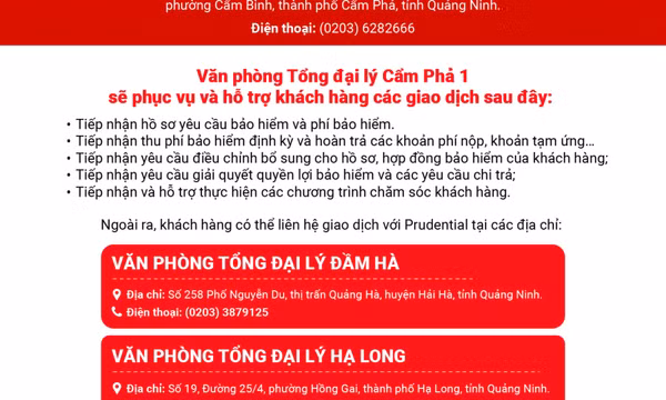 Công ty TNHH Bảo hiểm nhân thọ Prudential Việt Nam trân trọng thông báo: Văn phòng Tổng đại lý Cẩm Phả 1 chính thức hoạt động từ ngày 02/06/2025