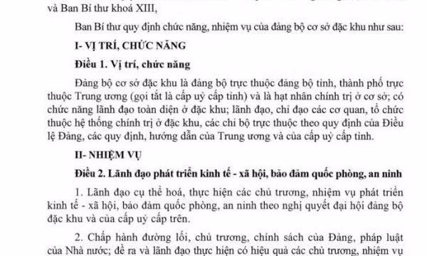 Chức năng, nhiệm vụ của đảng bộ cơ sở đặc khu