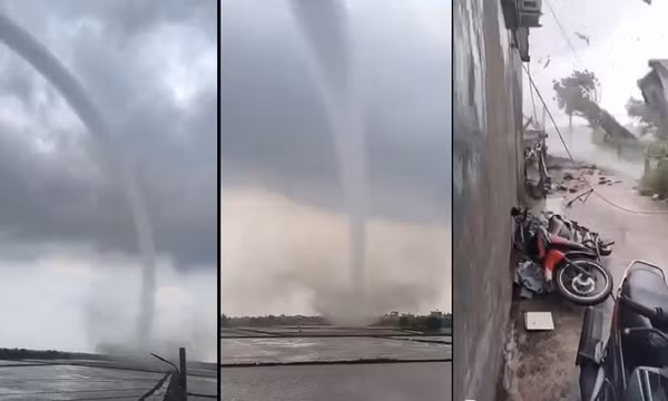 Khoảnh khắc vòi rồng quét qua cánh đồng Hưng Yên, cuốn bay nhiều mái tôn