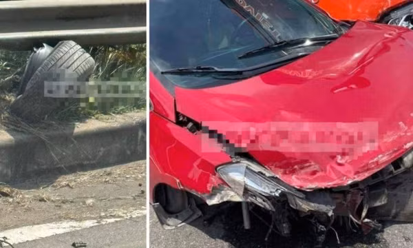 Ô tô con văng bánh, biến dạng sau va chạm với xe khách trên cao tốc