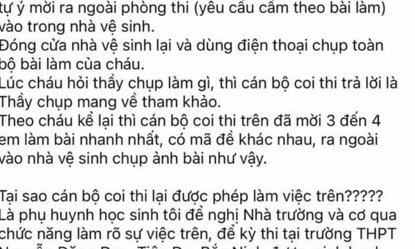 Công an xác minh việc giám thị vào nhà vệ sinh chụp ảnh bài thi lớp 10 của thí sinh
