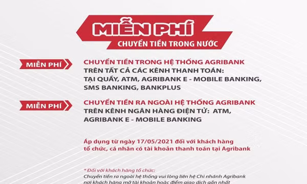 Agribank: Miễn phí giao dịch chuyển tiền trong nước