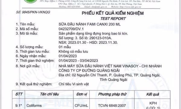 Vinasoy: Lô sữa đậu nành bị Nhật thu hồi nhiễm coliform khi vận chuyển