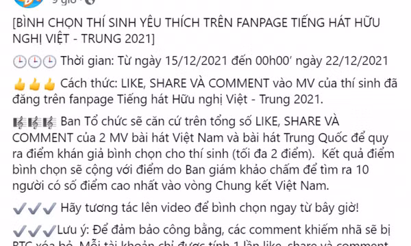 Bình chọn thí sinh yêu thích trên fanpage Tiếng hát Hữu nghị Việt - Trung 2021