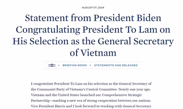 Tổng thống Hoa Kỳ Joe Biden chúc mừng Tổng Bí thư, Chủ tịch nước Tô Lâm