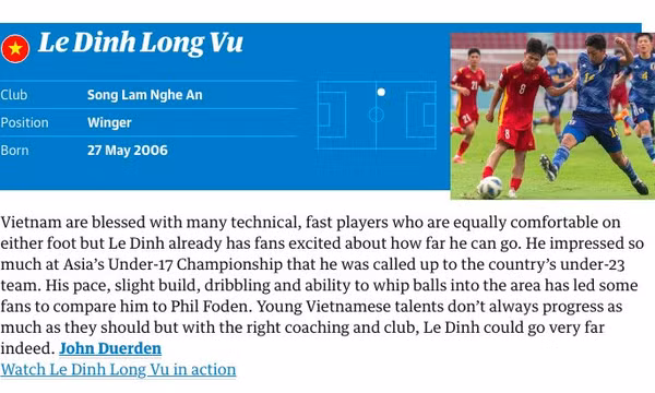 Lê Đình Long Vũ vào danh sách 60 tài năng trẻ của bóng đá thế giới năm 2023