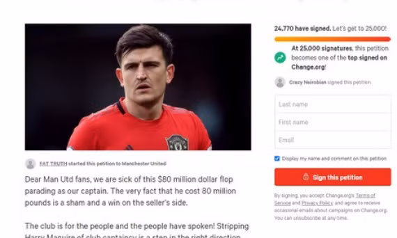 25.000 CĐV ký tên kêu gọi tước băng đội trưởng của Maguire