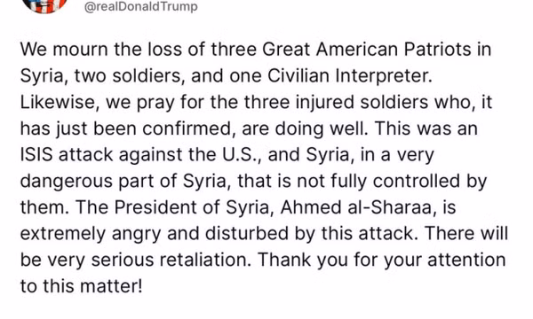 Tổng thống Trump quyết “trả đũa nặng nề” vụ lính Mỹ bị sát hại tại Syria